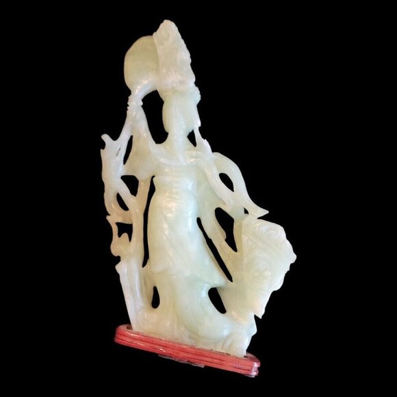 Set of 4 Vintage GESHIA's Asian Italy Green Jadeite Glass Figurines Wood Base - Picture 7 of 16